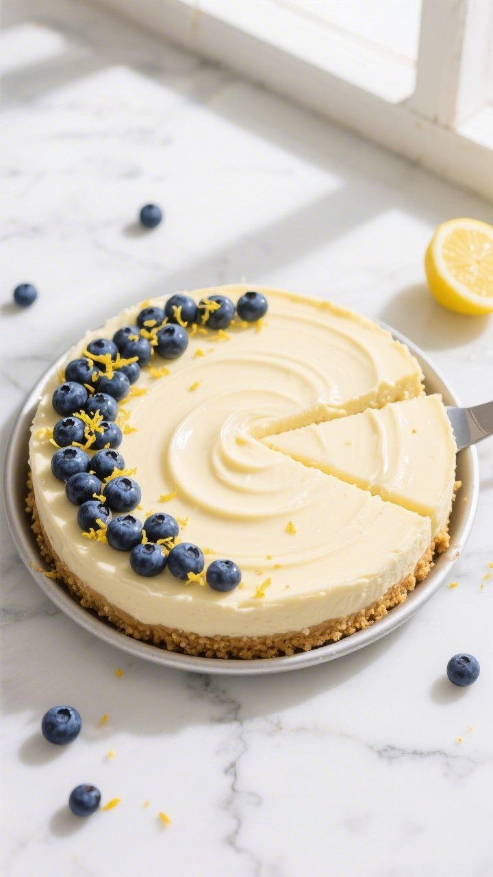 Overhead shot of a fully set no bake lemon blueberry cheesecake just after unmolding from a 9-inch s