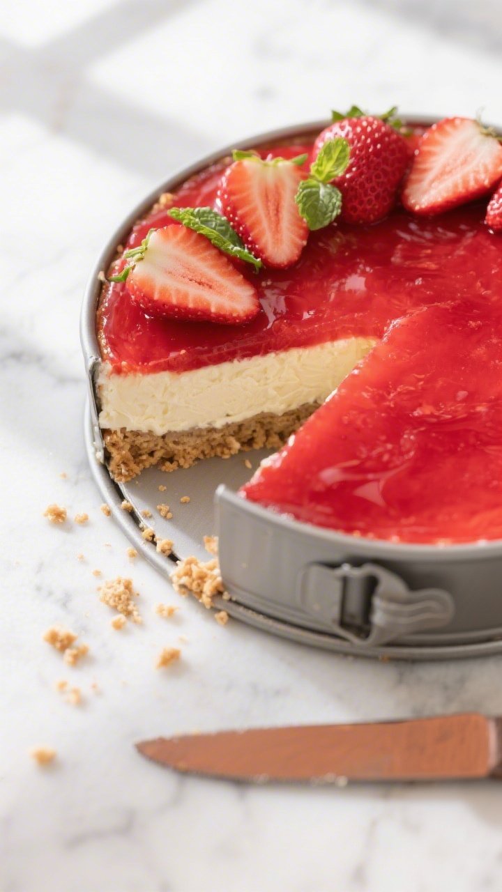 Overhead shot of a fully set no-bake strawberry cheesecake in a 9-inch springform pan with the ring 