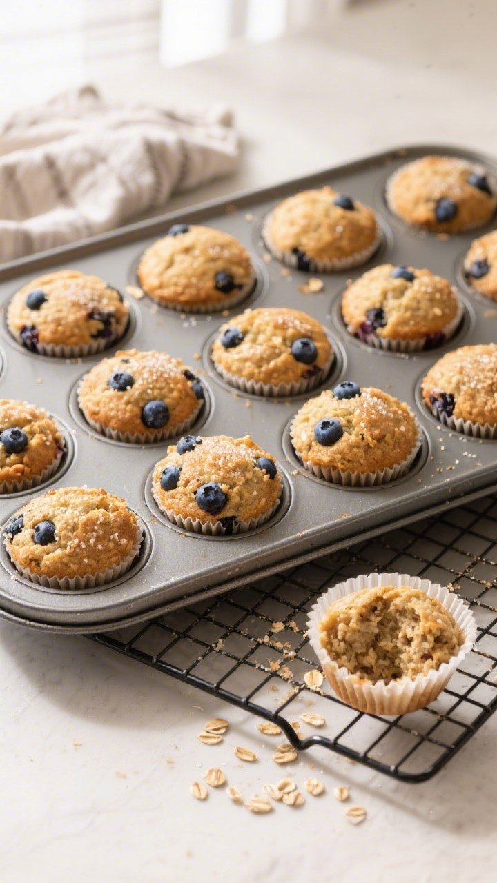 Overhead shot of a just-baked tray of healthy blueberry muffins cooling in a lined 12-cup muffin tin