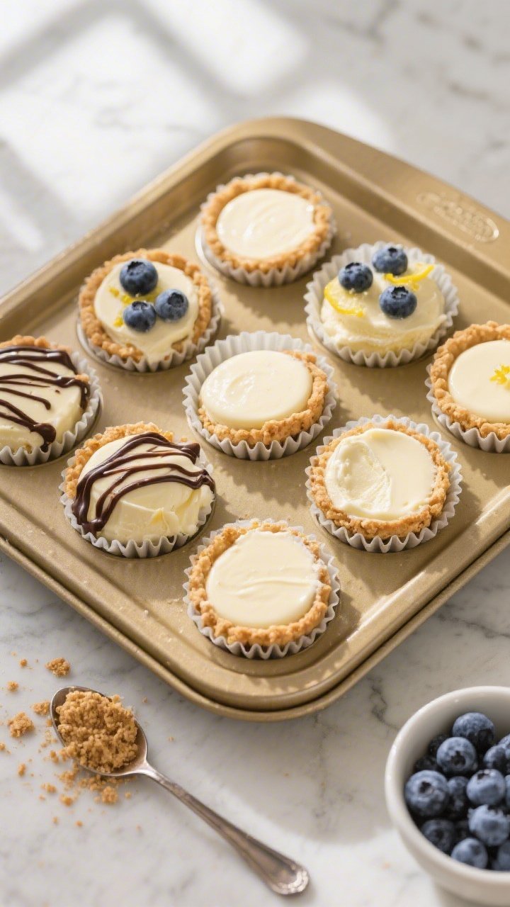 Overhead shot of a muffin tin lined with silicone cups, each filled with frozen cheesecake bites set
