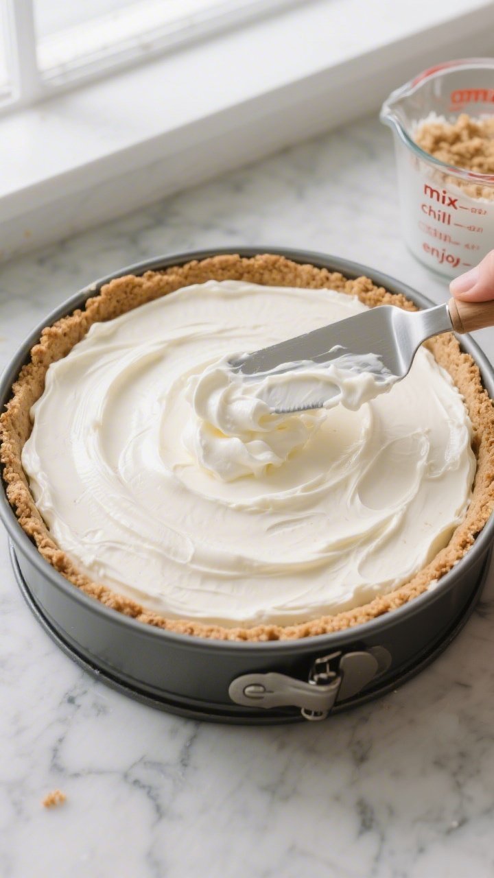 Overhead shot of a no-bake cheesecake being filled: a chilled, compacted graham cracker crust presse
