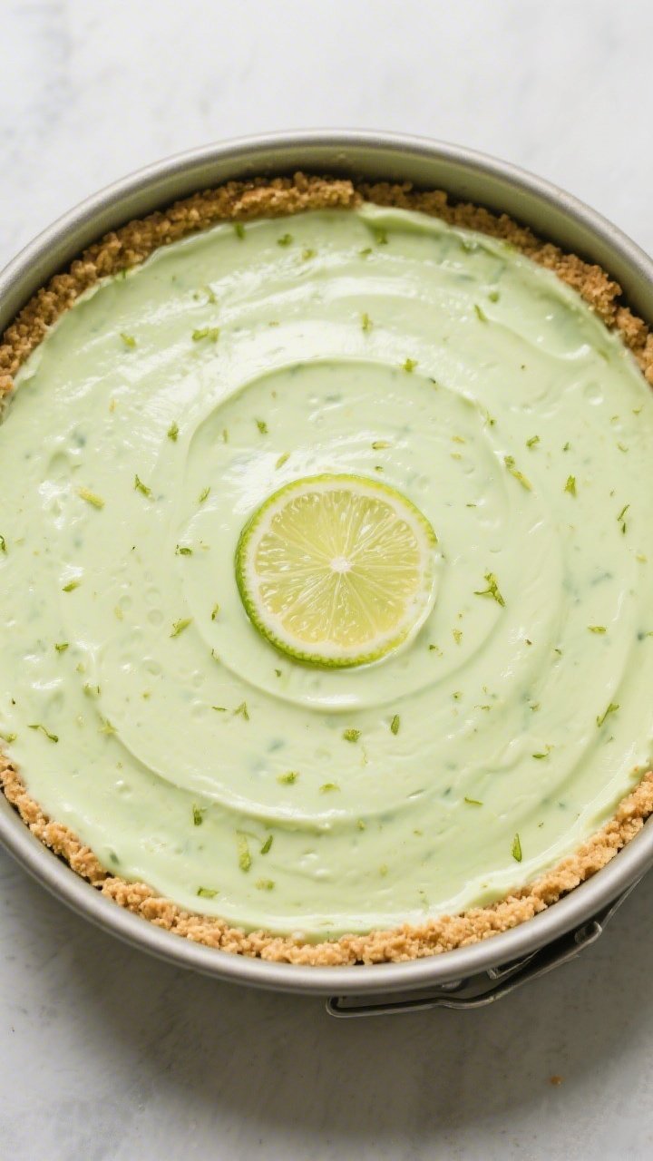 Overhead shot of a no-bake key lime cheesecake in a 9-inch springform pan just after filling, showin