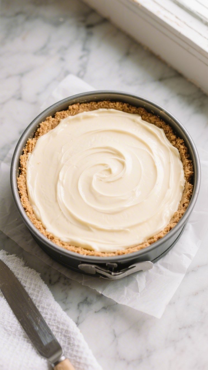 Overhead shot of a no-bake New York style cheesecake just set in a 9-inch springform pan, the creamy
