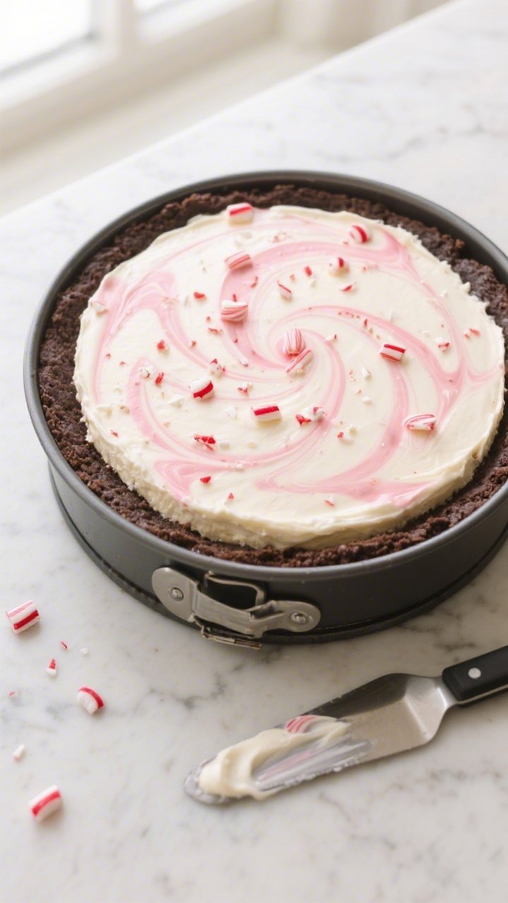 Overhead shot of a no-bake peppermint cheesecake just set in a 9-inch springform pan, filling poured
