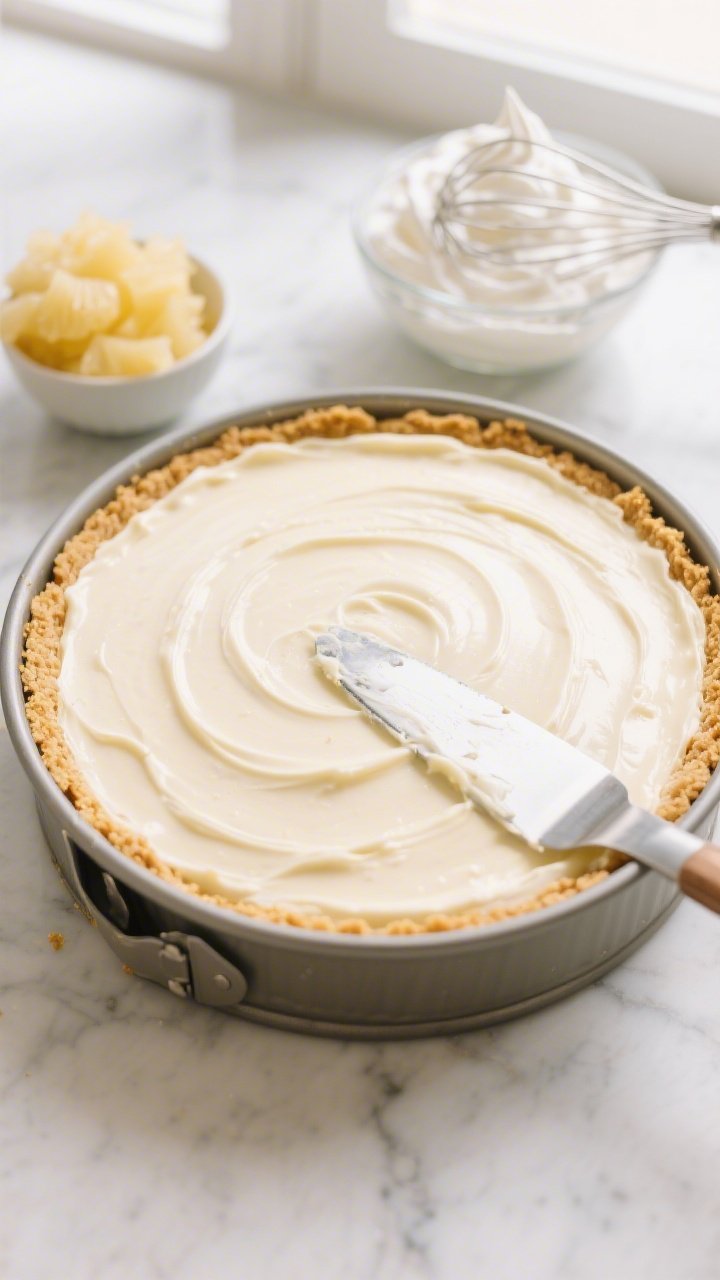 Overhead shot of a no-bake pineapple cheesecake in a 9-inch springform pan just filled and smoothed,