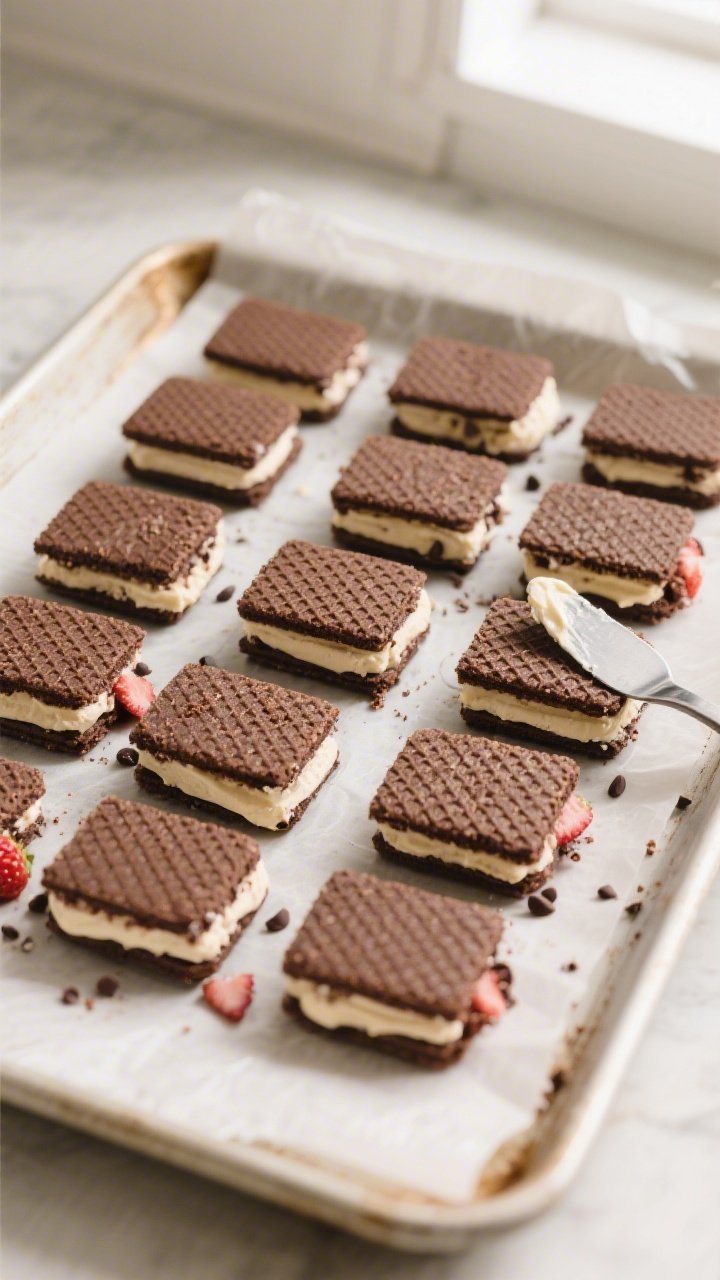 Overhead shot of a parchment-lined sheet pan with neatly arranged chocolate wafer ice cream sandwich
