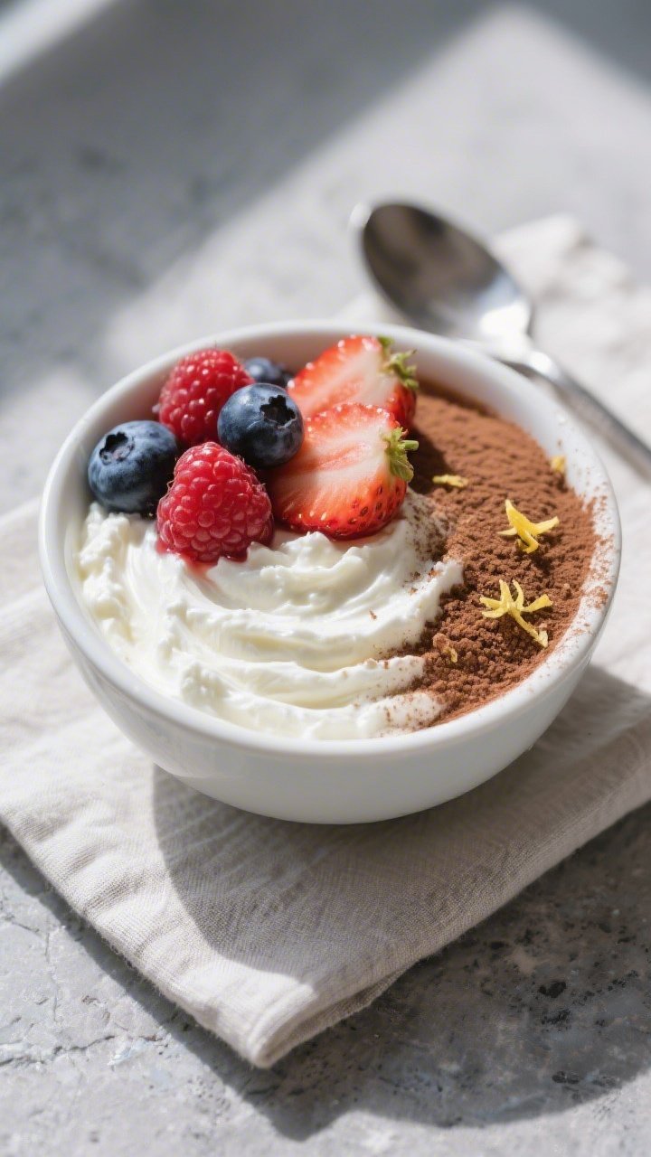 Overhead shot of a prepared 100-calorie cottage cheese dessert bowl, layered not mixed: 1/2 cup low-
