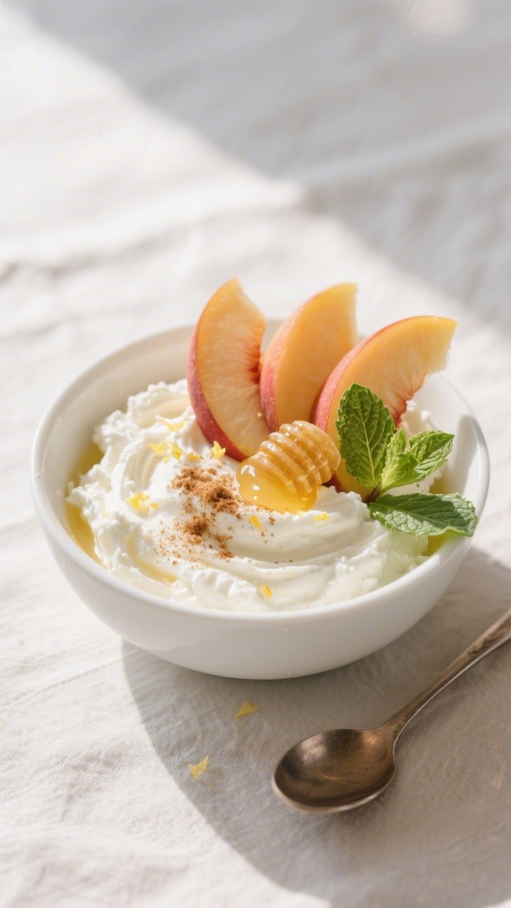 Overhead shot of a prepared 100-Calorie Peach & Cottage Cheese Bowl in a small white ceramic bowl: 1