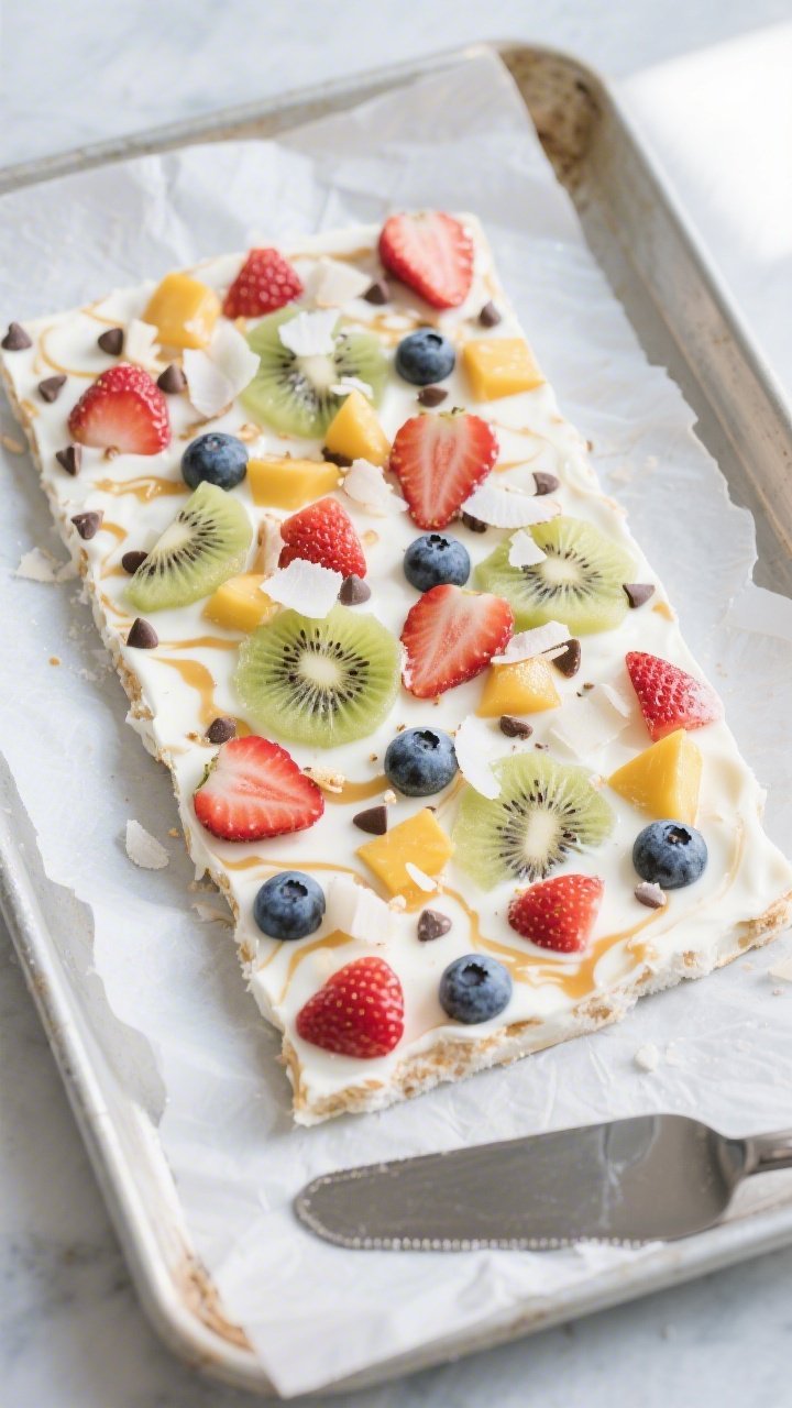 Overhead shot of a prepared yogurt bark slab just out of the freezer on parchment-lined sheet pan, e