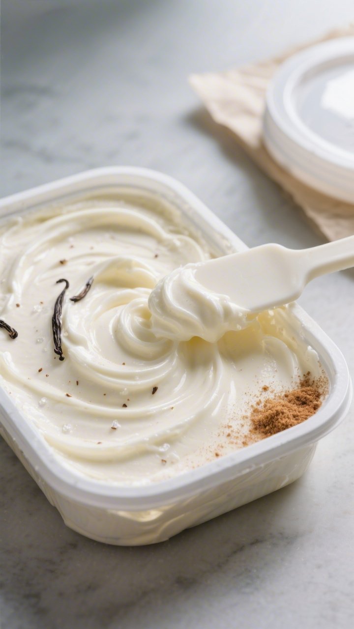 Overhead shot of a shallow, freezer-safe container of churned vanilla frozen yogurt at the “soft-s