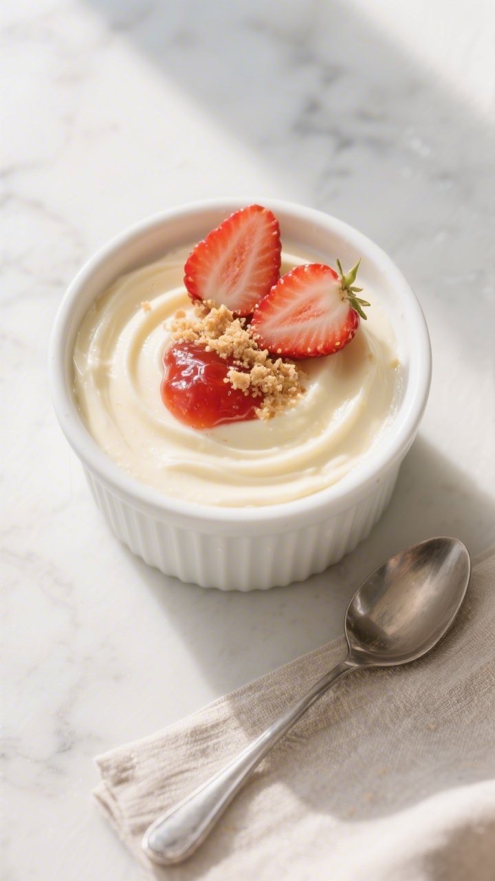 Overhead shot of a single-serve high protein cheesecake cup in a white ramekin after chilling, silky