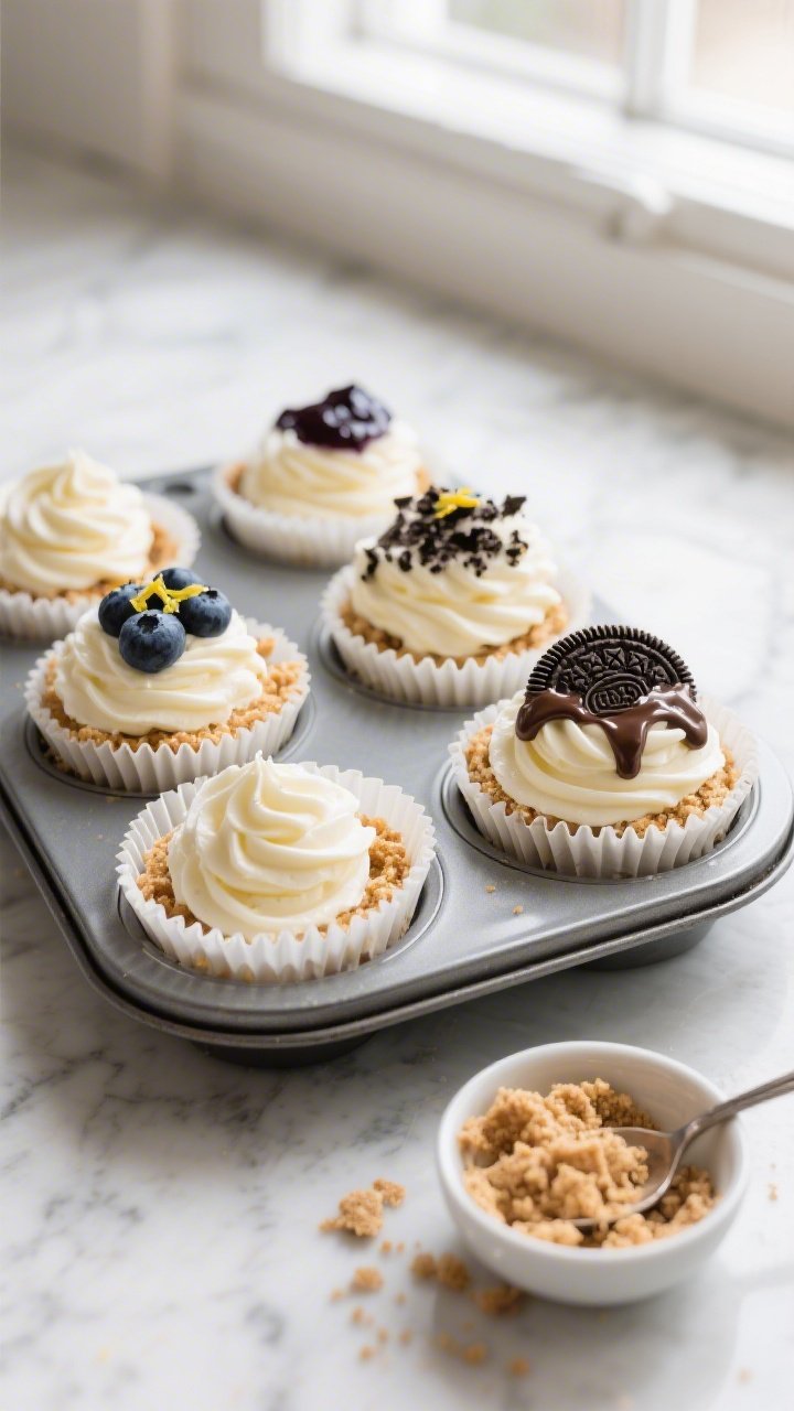 Overhead shot of assembled no-bake cheesecake crack cups setting in a muffin tin lined with white pa