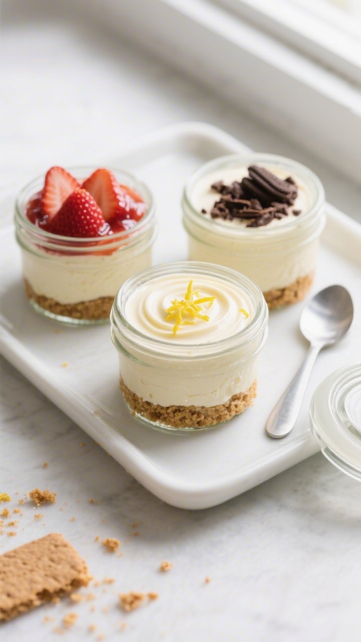 Overhead shot of assembled no-bake cheesecake jars ready for chilling: neat graham cracker crumb bas