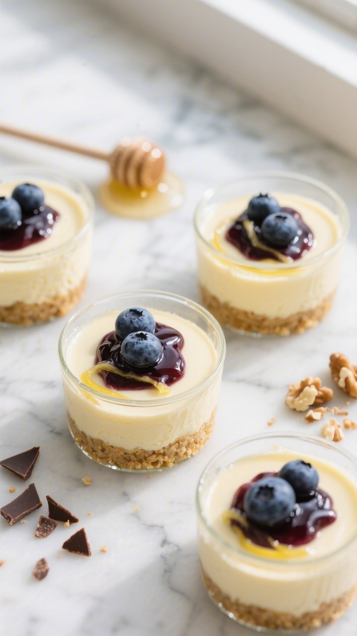 Overhead shot of assembled no-bake high protein cheesecake cups in small glass jars on a cool marble