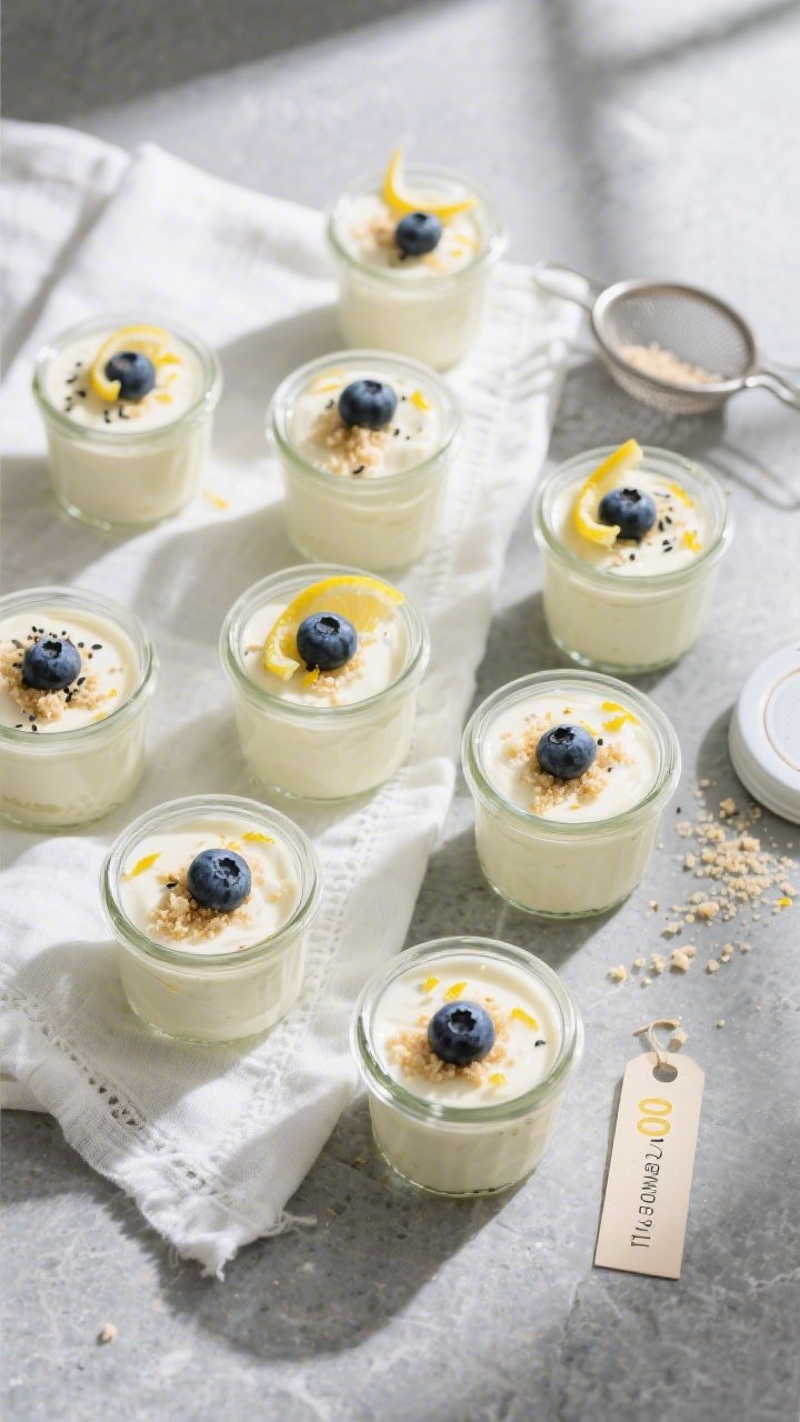 Overhead shot of eight chilled 100-calorie lemon yogurt cups portioned in small 4-ounce glass jars o