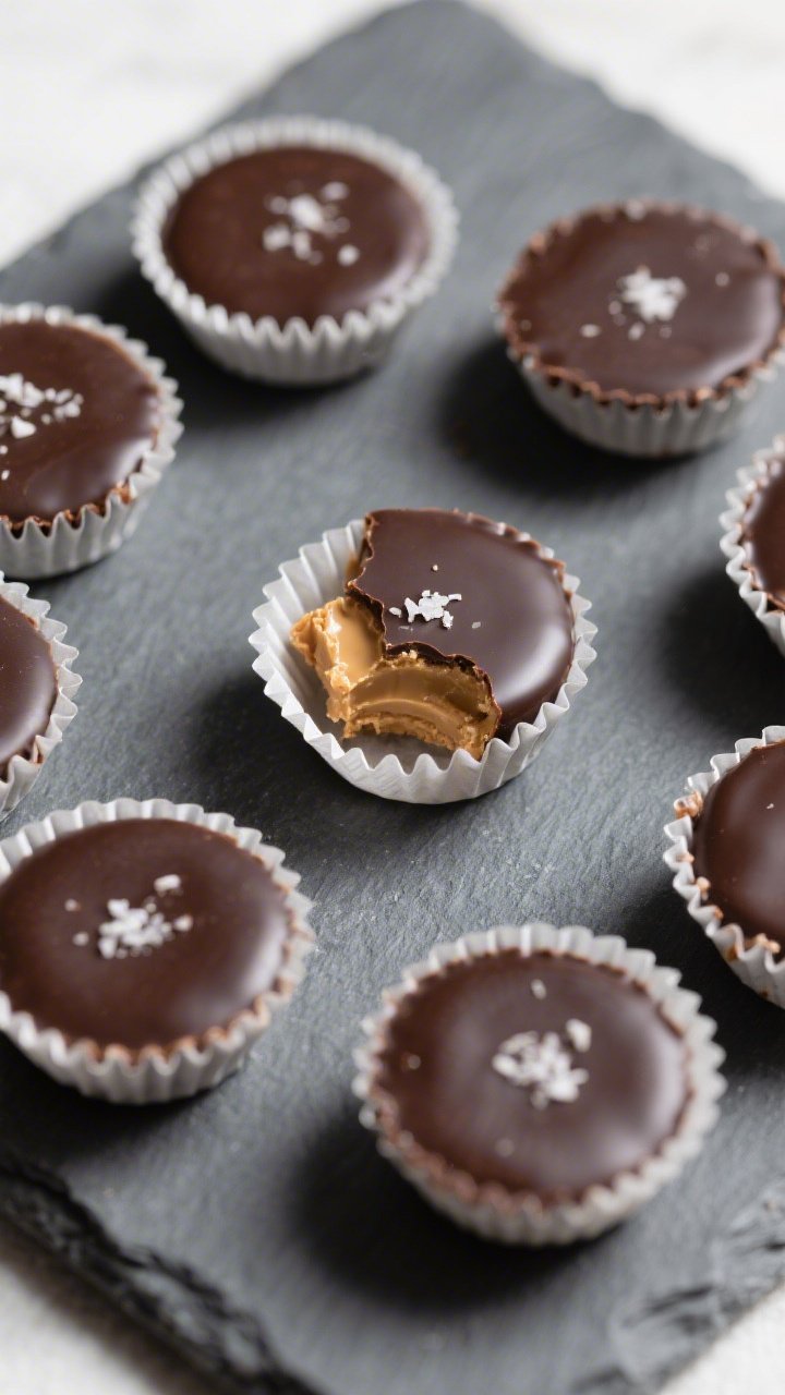 Overhead shot of finished 100-calorie chocolate almond butter cups nestled in their mini paper liner