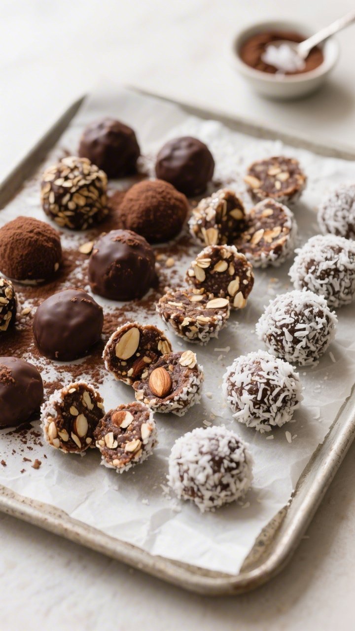 Overhead shot of finished Cocoa Almond Energy Bites arranged in a tight grid on a parchment-lined tr