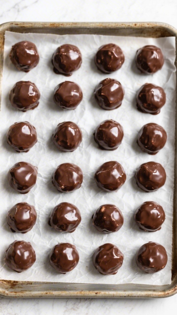 Overhead shot of finished Double Chocolate Protein Bites arranged in a tight grid on a parchment-lin