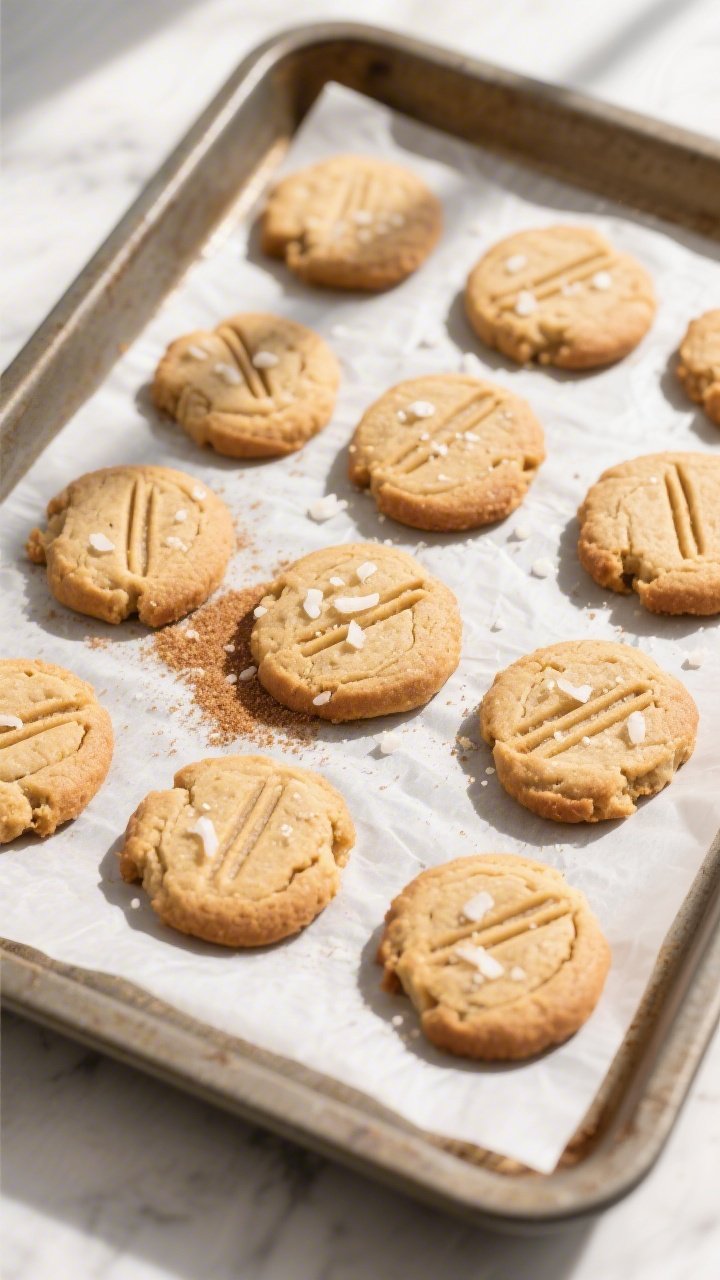 Overhead shot of freshly baked 100-calorie almond butter cookies cooling on a parchment-lined baking