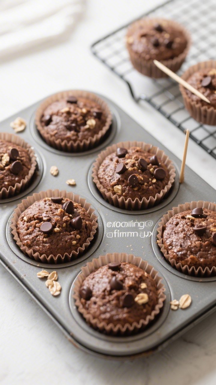 Overhead shot of freshly baked 100-calorie chocolate oatmeal cups still in the muffin tin, six cups