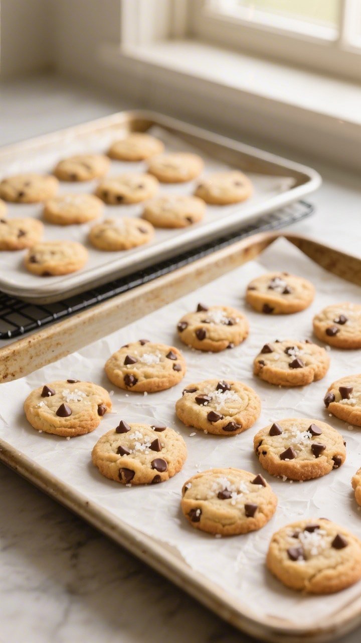Overhead shot of freshly baked 100-calorie mini chocolate chip cookies just out of the oven on a par