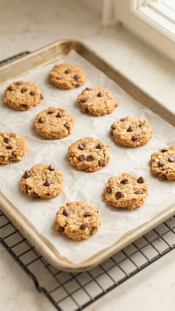 Overhead shot of freshly baked 100-calorie oatmeal chocolate chip bites cooling on a parchment-lined