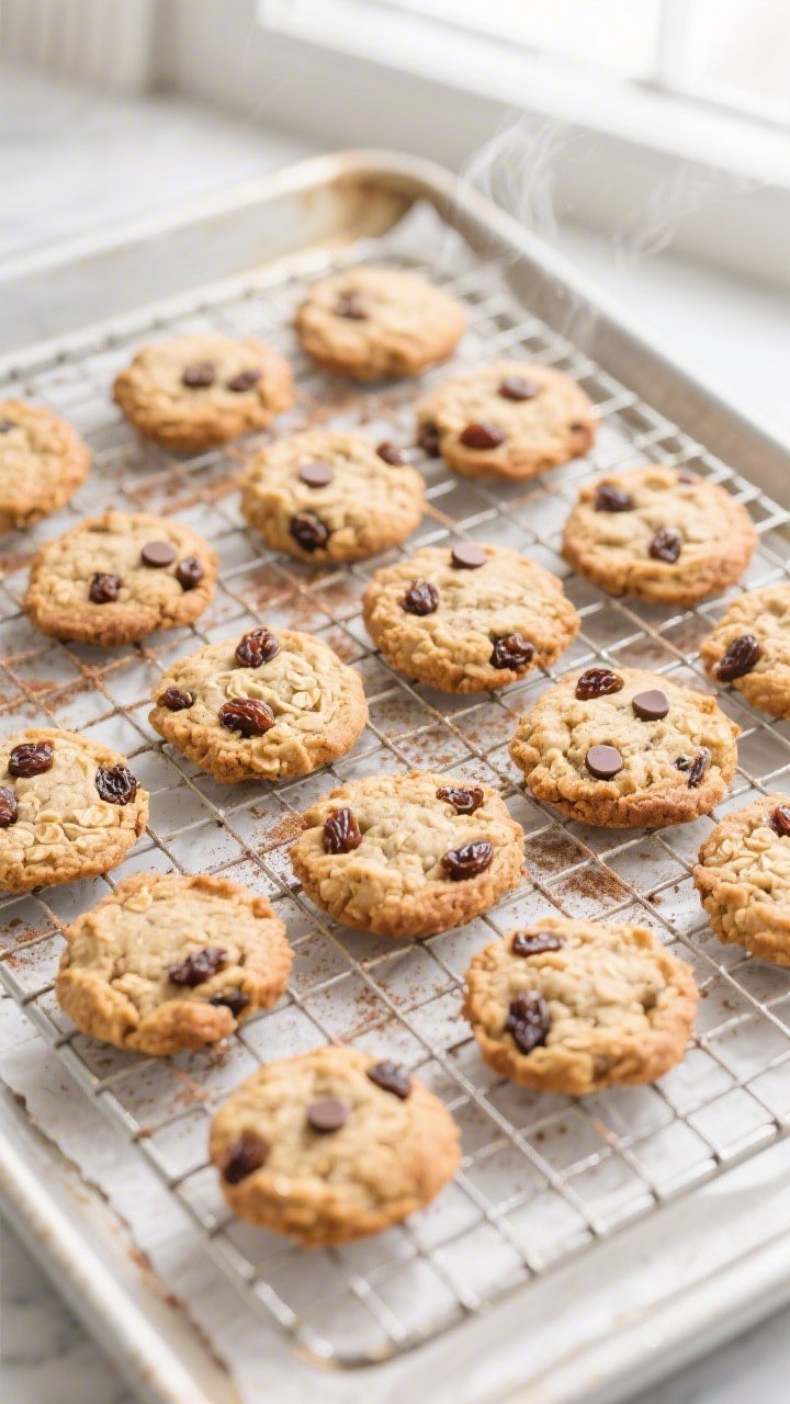 Overhead shot of freshly baked 100-calorie oatmeal raisin cookies cooling on a wire rack, 16 small c