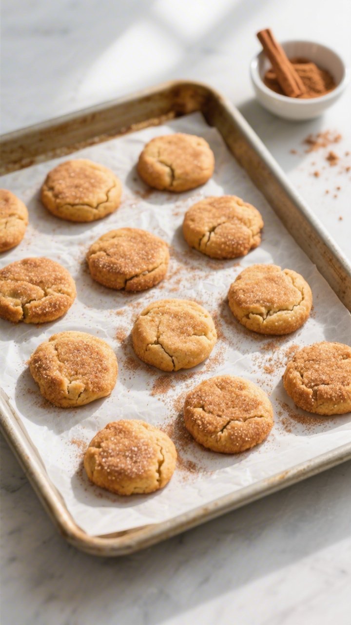 Overhead shot of freshly baked 100-Calorie Snickerdoodle Bites cooling on a parchment-lined baking s