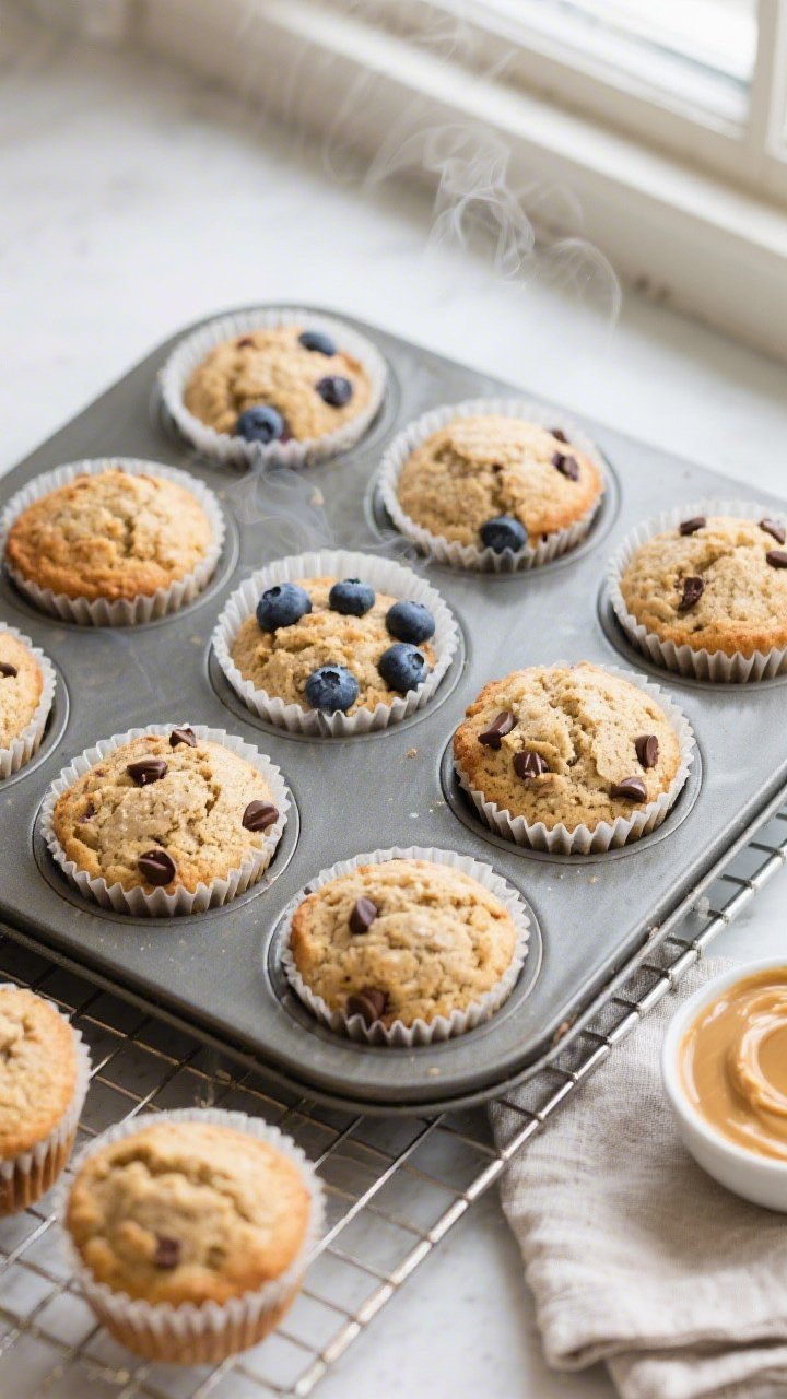 Overhead shot of freshly baked almond flour muffins cooling in a 12-cup tin lined with parchment-sty