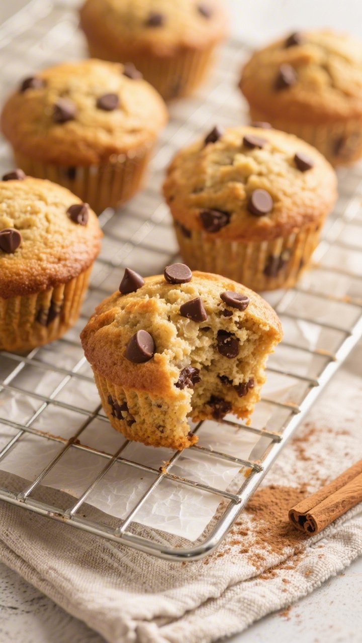 Overhead shot of freshly baked banana chocolate chip protein muffins cooling on a wire rack, golden 