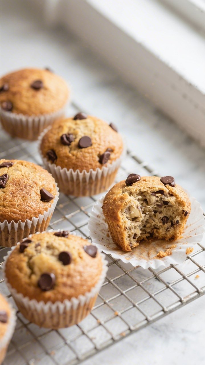 Overhead shot of freshly baked banana chocolate chip muffins cooling on a wire rack, paper liners on