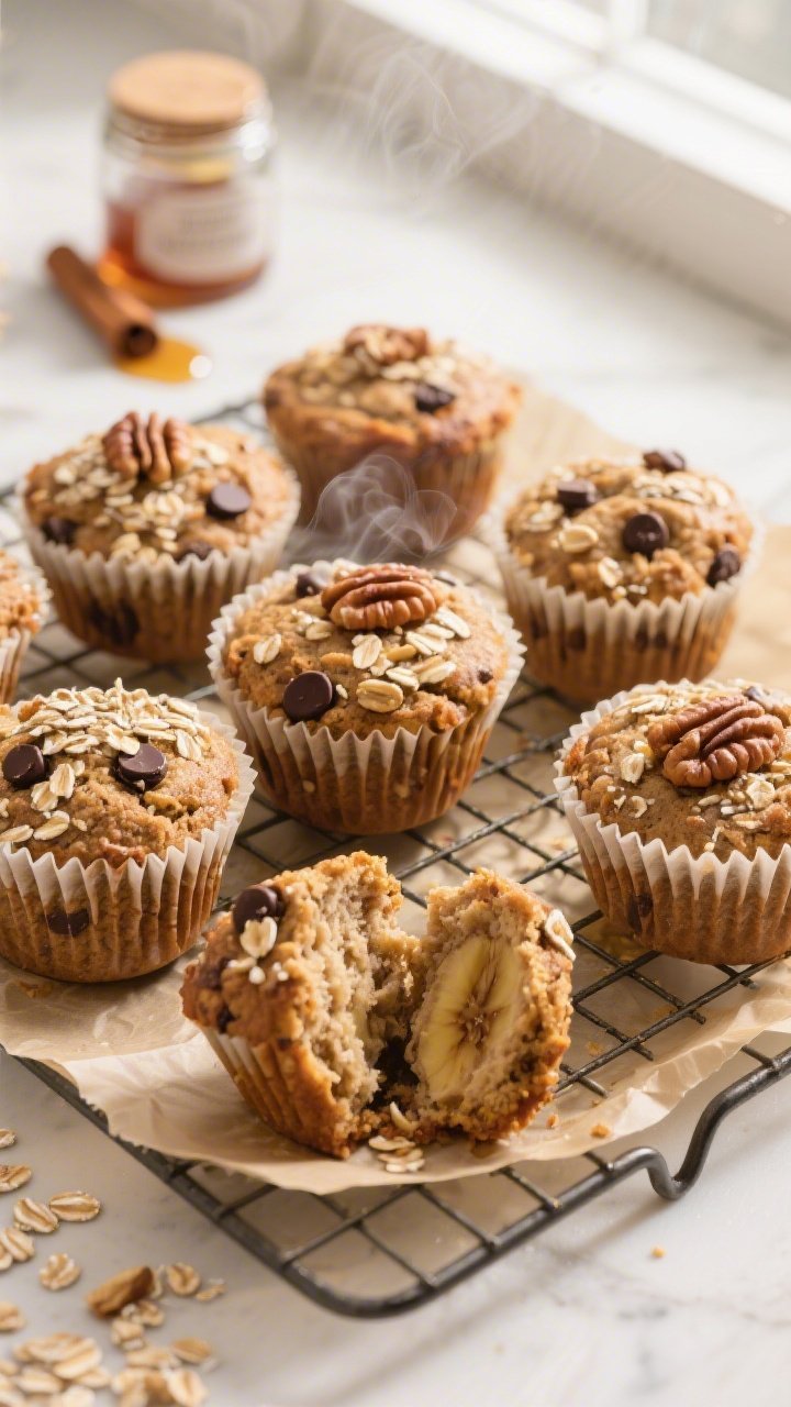 Overhead shot of freshly baked banana oat muffins cooling on a wire rack, liners slightly peeling to