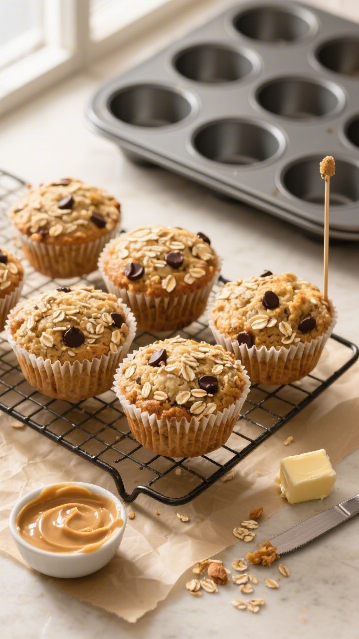 Overhead shot of freshly baked banana oatmeal muffins cooling on a wire rack, golden domed tops with