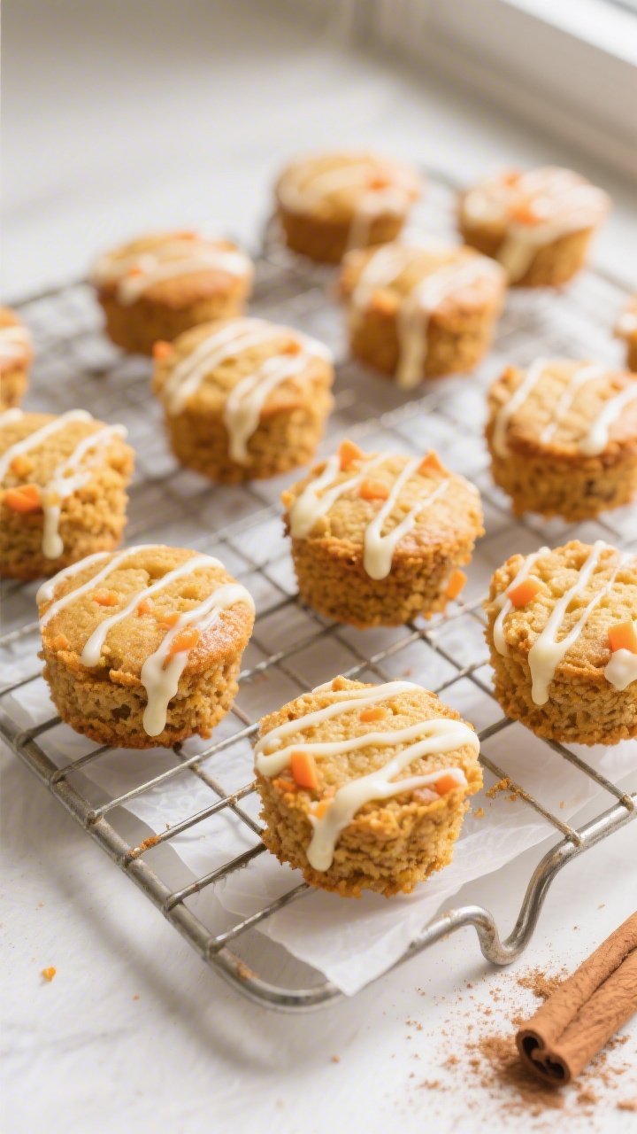 Overhead shot of freshly baked carrot cake mini bites cooling on a wire rack, golden tops slightly d