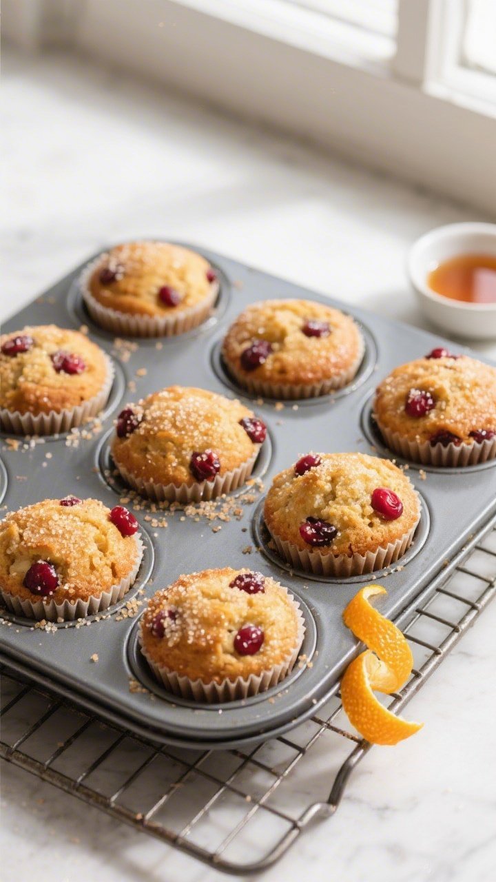 Overhead shot of freshly baked cranberry orange muffins cooling in a 12-cup muffin tin on a wire rac