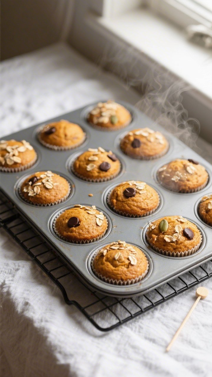 Overhead shot of freshly baked flourless pumpkin muffins cooling in a 12-cup tin on a wire rack, gol
