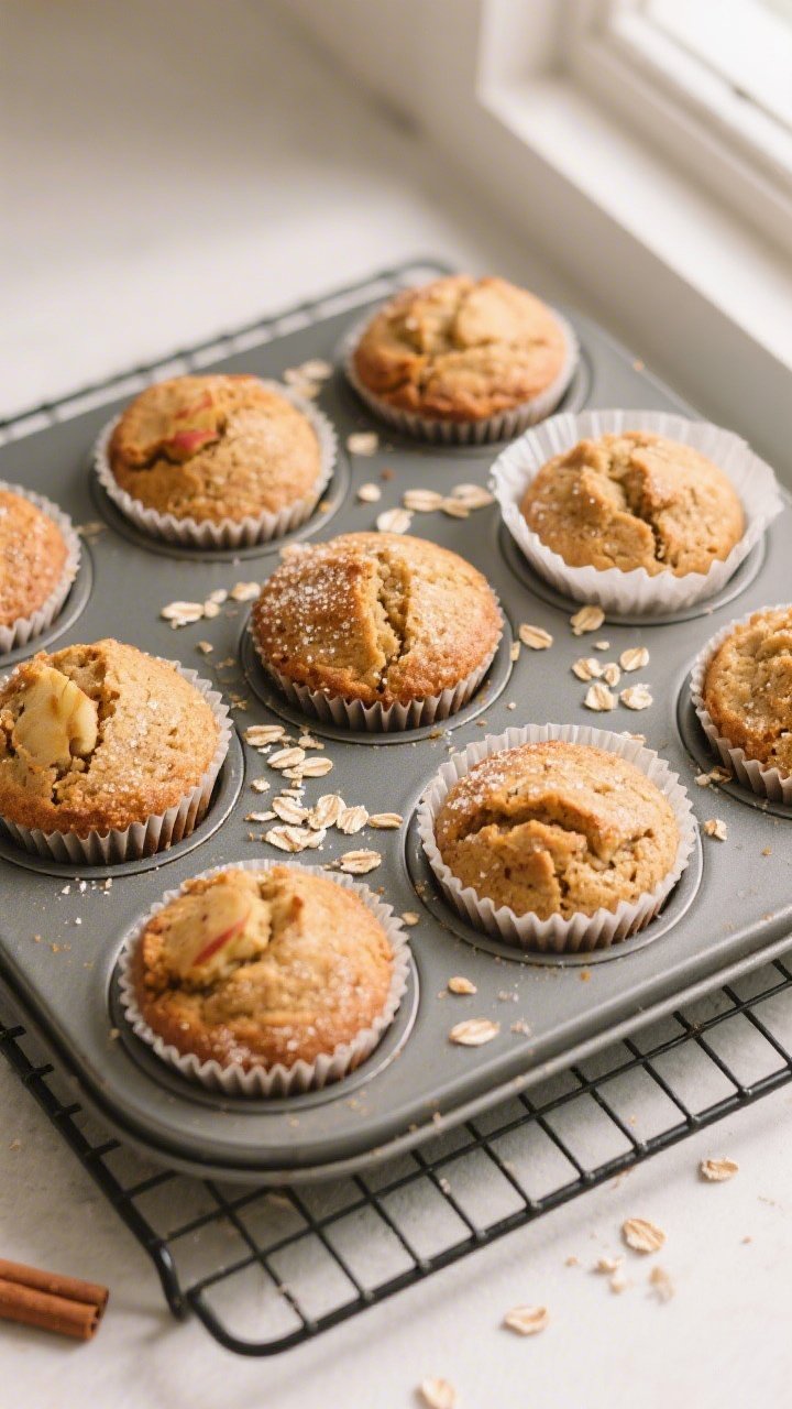 Overhead shot of freshly baked healthy apple cinnamon muffins cooling in a 12-cup tin on a wire rack