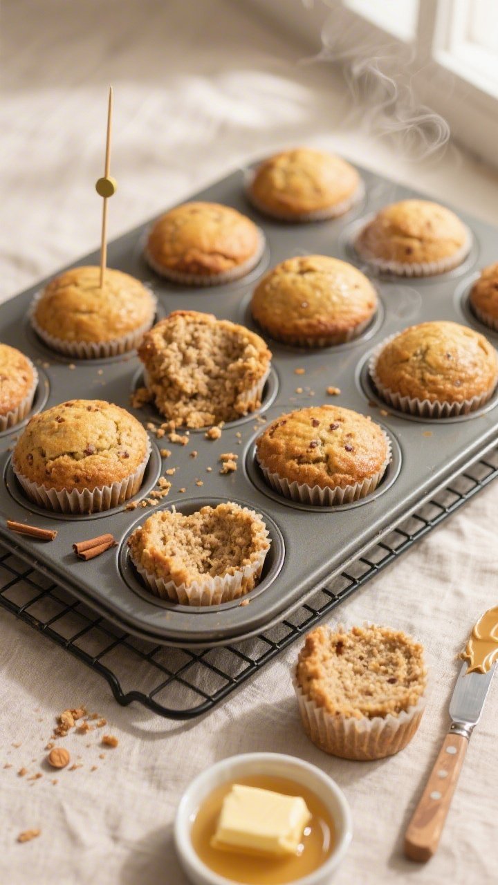 Overhead shot of freshly baked healthy banana muffins cooling in a 12-cup muffin pan on a wire rack,