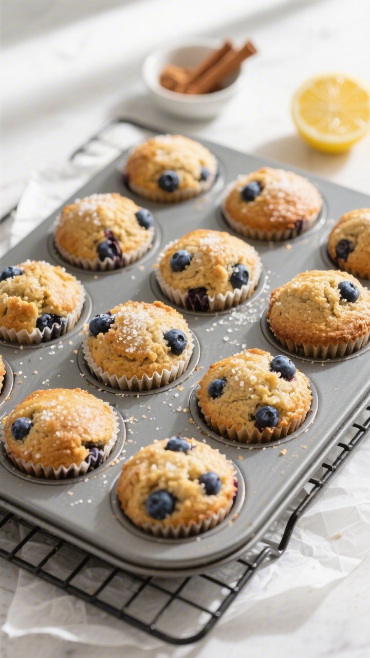 Overhead shot of freshly baked healthy blueberry muffins cooling in a 12-cup muffin tin on a wire ra