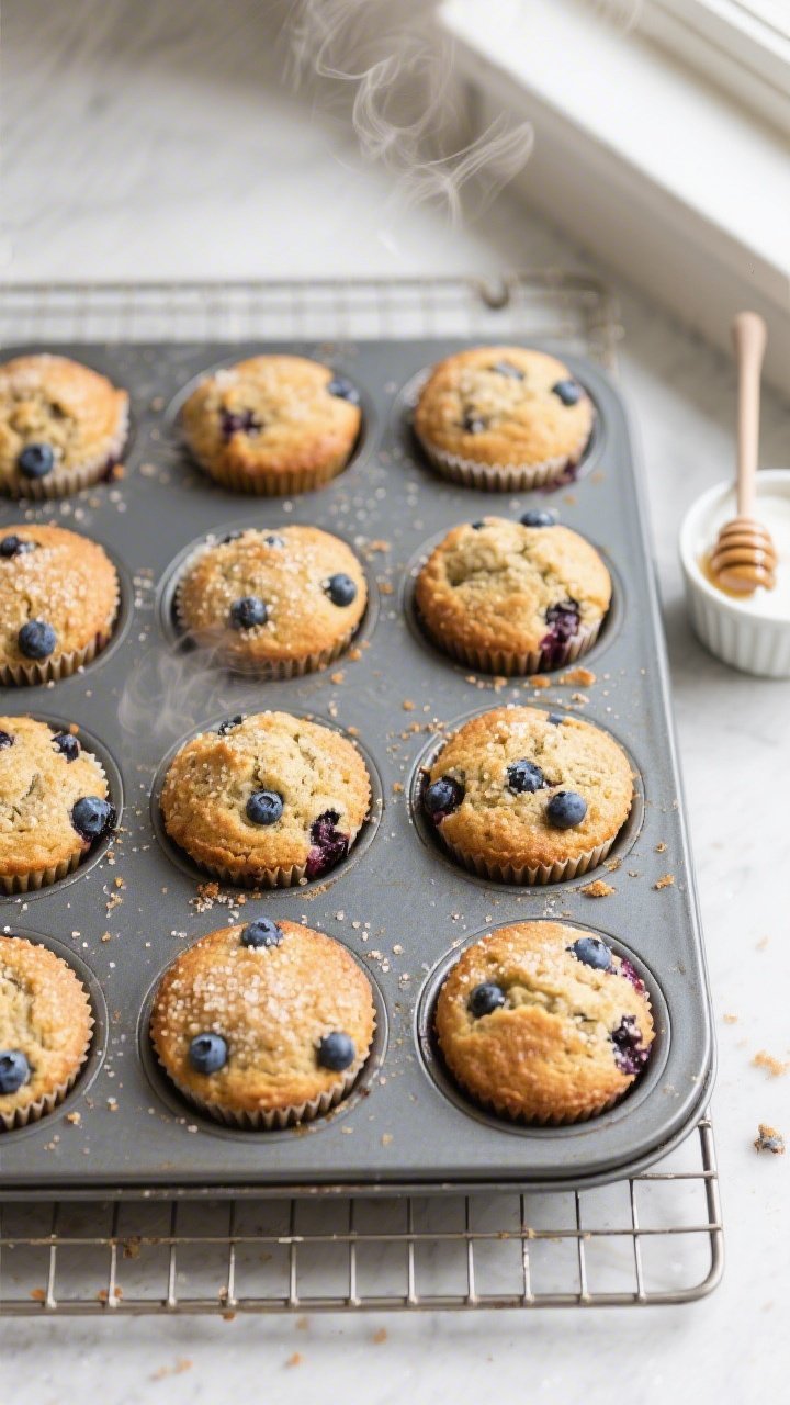Overhead shot of freshly baked healthy blueberry muffins cooling in a 12-cup muffin tin on a wire ra