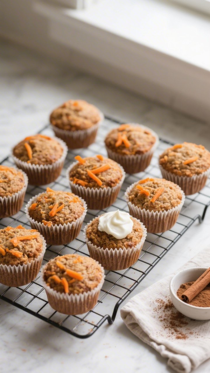 Overhead shot of freshly baked healthy carrot cake muffins cooling on a wire rack, 12 muffins in par