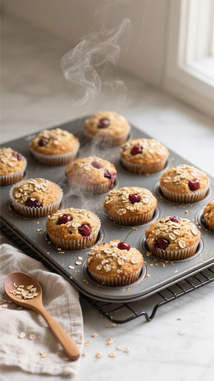 Overhead shot of freshly baked healthy cherry muffins cooling in a 12-cup muffin tin on a wire rack,