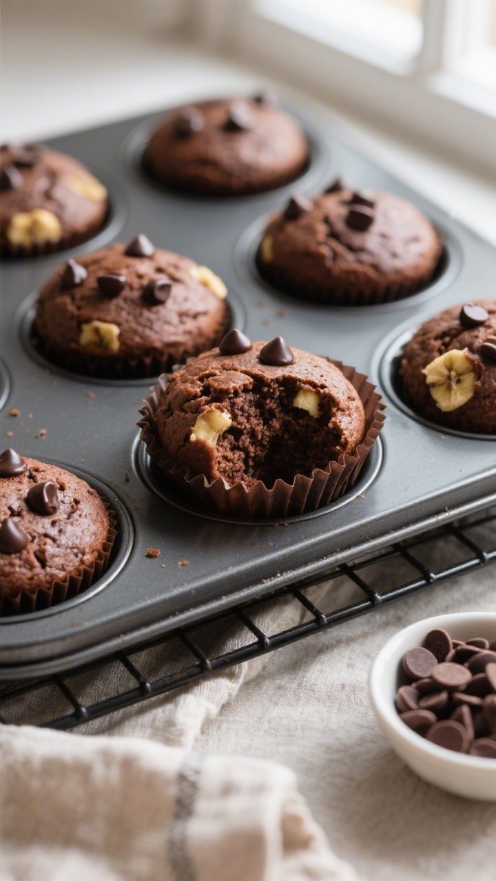 Overhead shot of freshly baked healthy chocolate banana muffins cooling in a dark metal muffin tin o