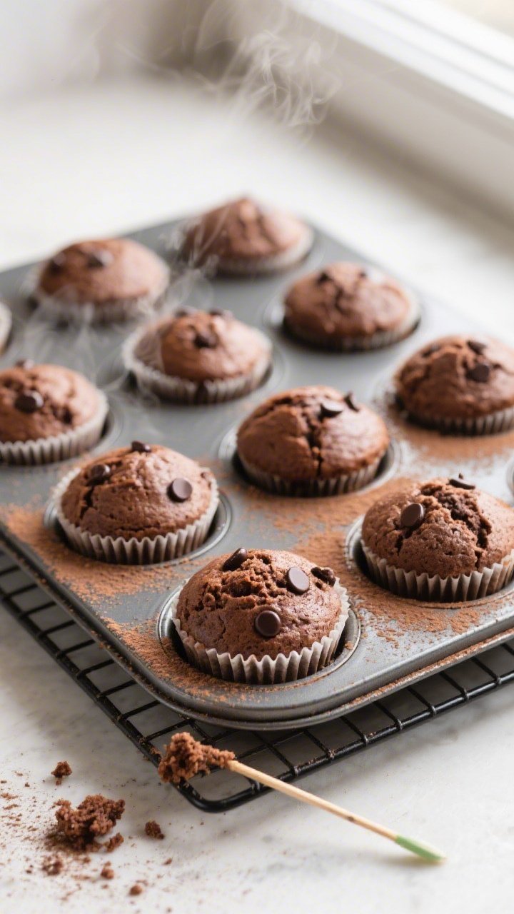 Overhead shot of freshly baked healthy chocolate muffins cooling in a 12-cup muffin tin on a wire ra