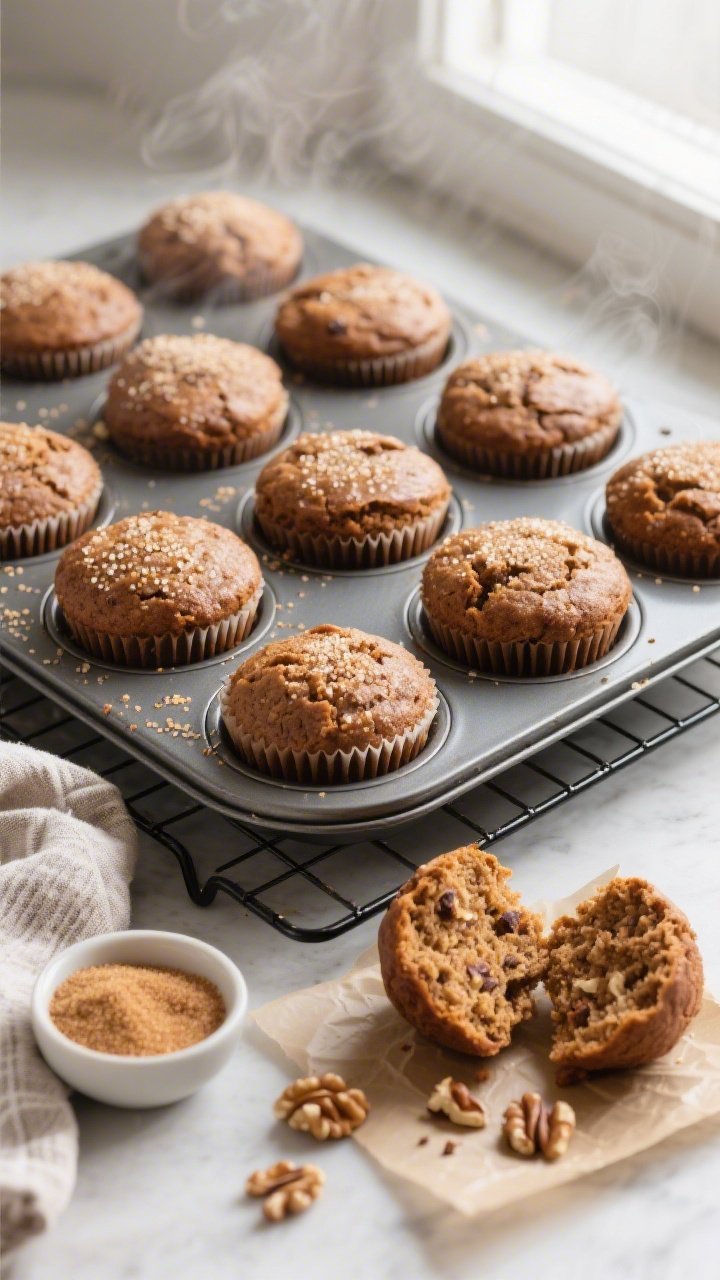Overhead shot of freshly baked healthy gingerbread muffins cooling in a 12-cup muffin tin on a wire 
