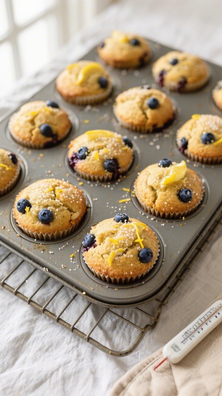 Overhead shot of freshly baked Healthy Lemon Blueberry Muffins cooling in a 12-cup muffin pan on a w