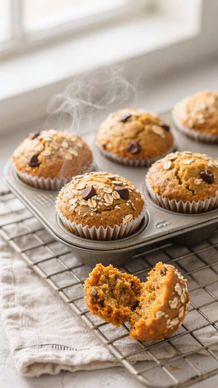 Overhead shot of freshly baked healthy pumpkin oatmeal muffins still in the tin, golden domed tops w
