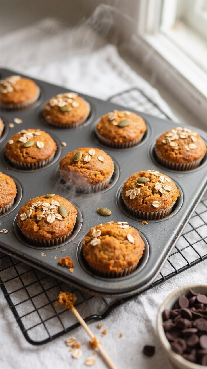 Overhead shot of freshly baked healthy pumpkin oat muffins cooling in a 12-cup muffin tin on a wire