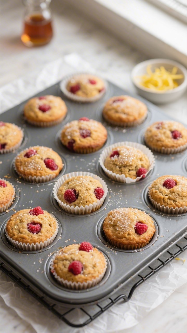 Overhead shot of freshly baked healthy raspberry muffins cooling in a 12-cup muffin tin on a wire ra