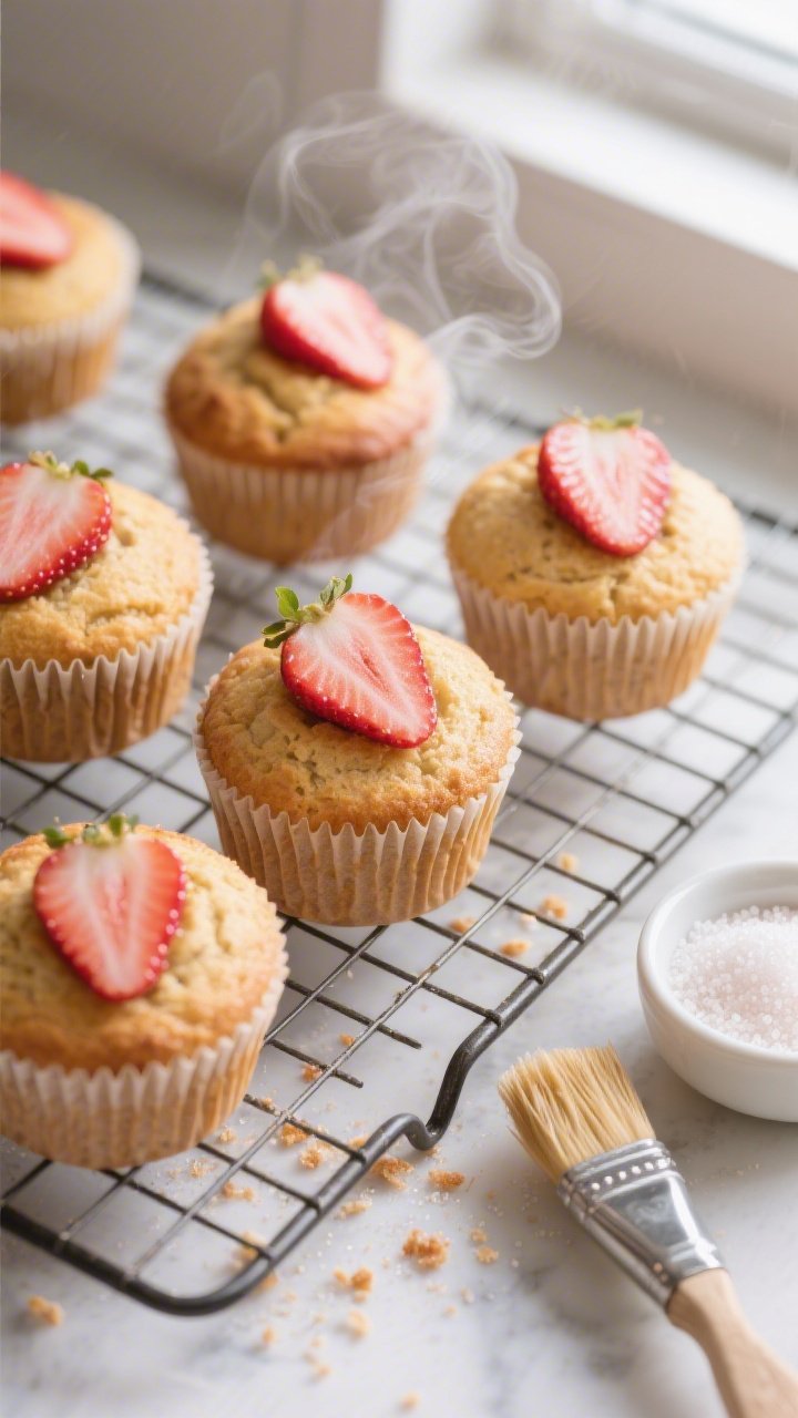 Overhead shot of freshly baked healthy strawberry muffins cooling on a wire rack, each muffin risen